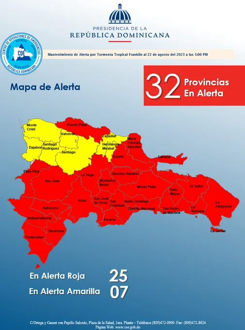 COE aumenta Alerta Roja en 25 Provincias y Alerta Amarilla en 7 Provincias por tormenta tropical Franklin